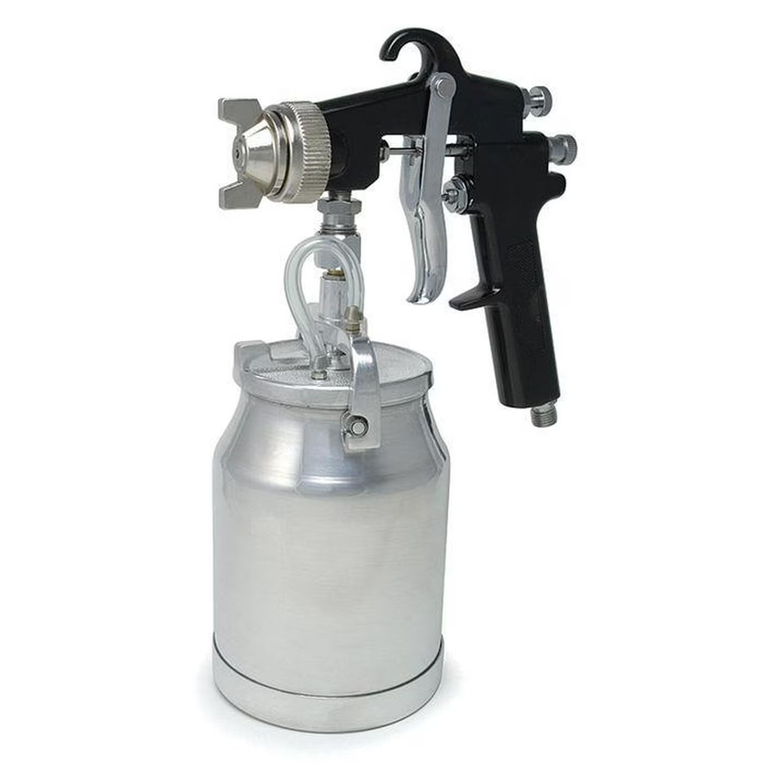 Spray gun with a silver canister on a white background
