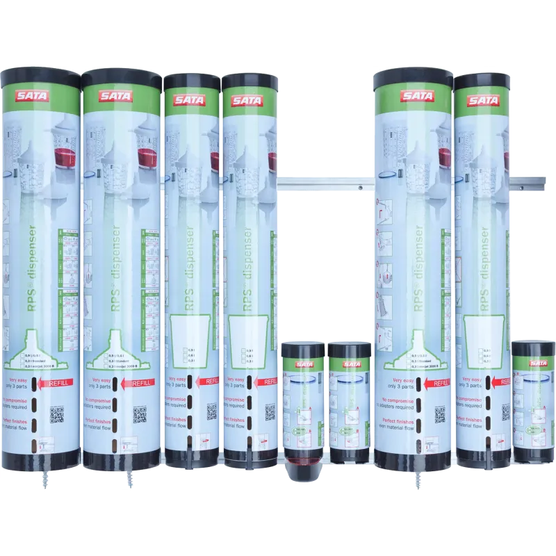Set of SATA sealant cartridges of different sizes on a white background