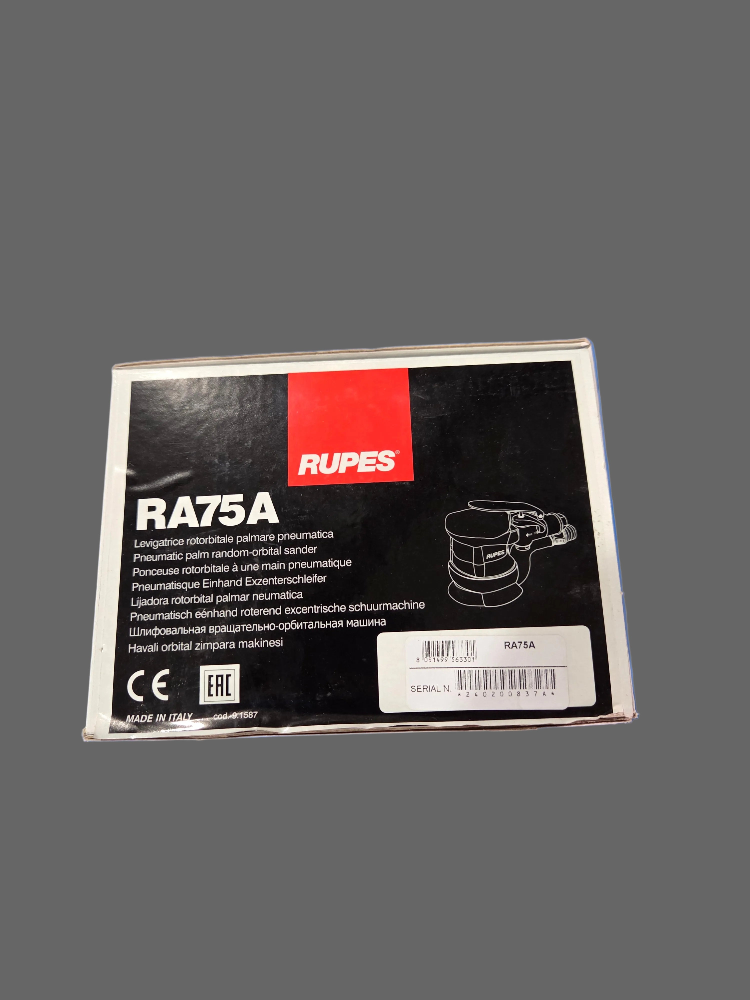 Rupes RA75A packaging on a gray background