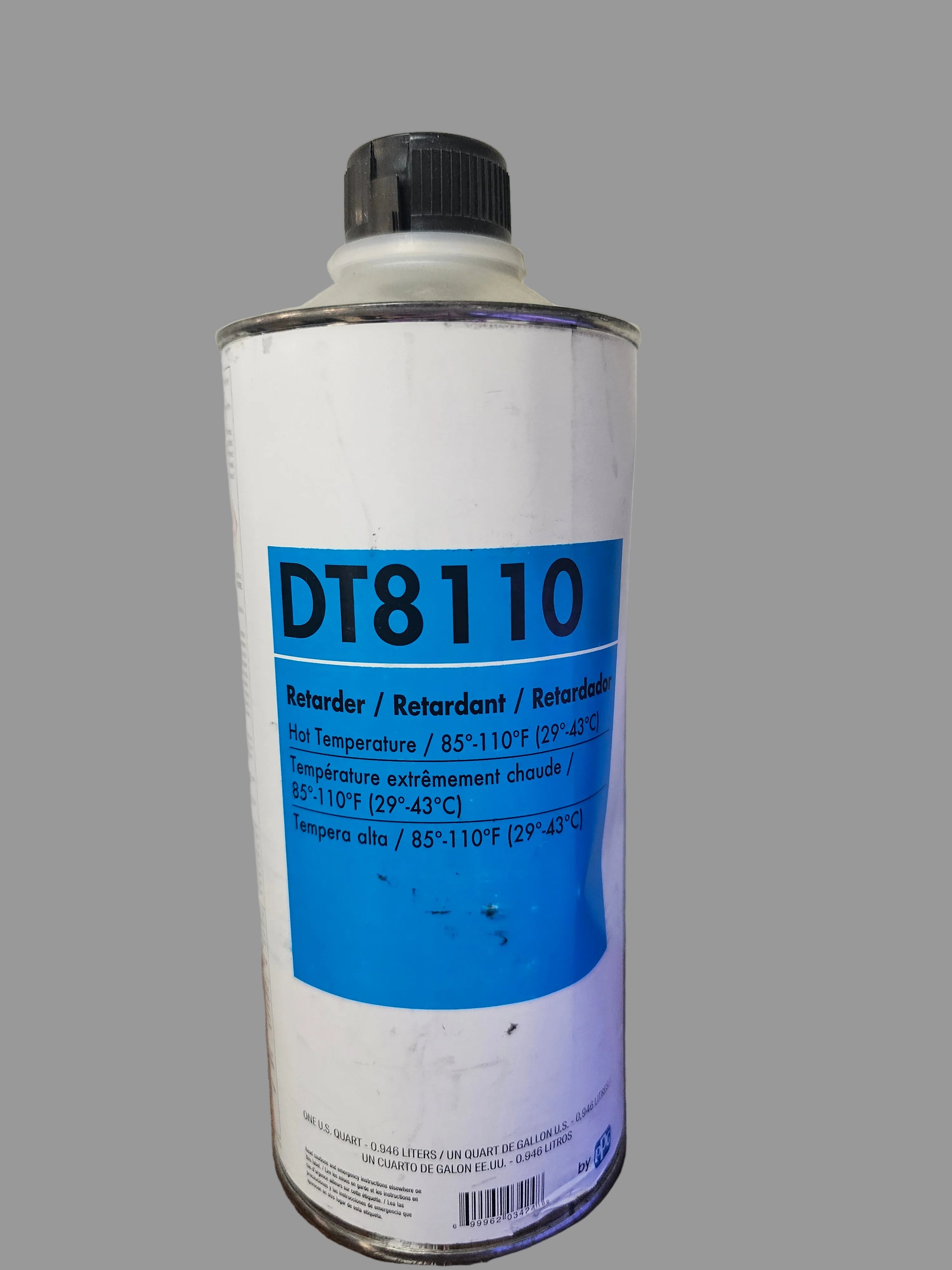 Can of DT8110 retardant on a gray background