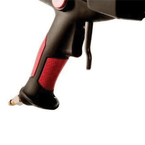 Close-up of a black and red spray gun on a white background