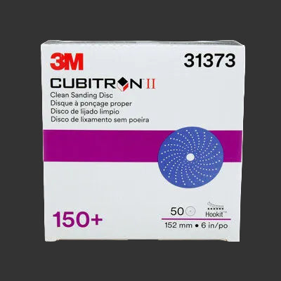 Box of 3M Cubitron II sanding discs with specifications on a white background