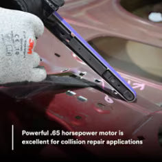 Glove holding a tool on a car panel with text about a powerful motor for collision repair.