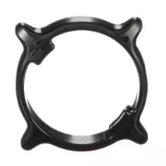 Black circular metal ring with decorative flanges on a white background