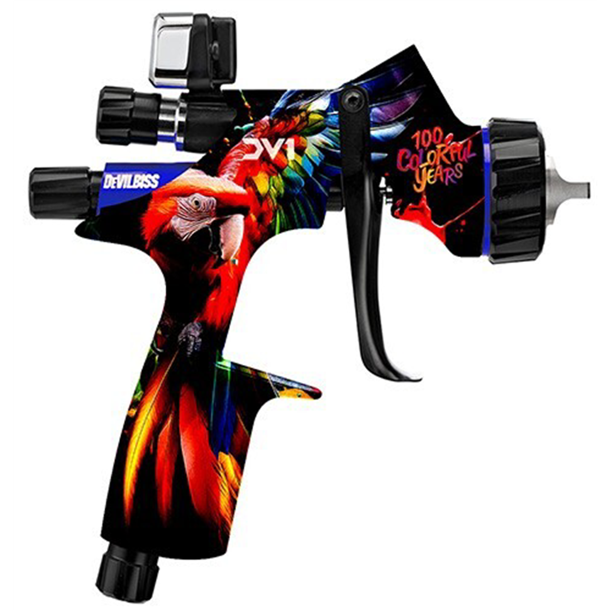 Colorful tattoo gun with artistic design on a white background