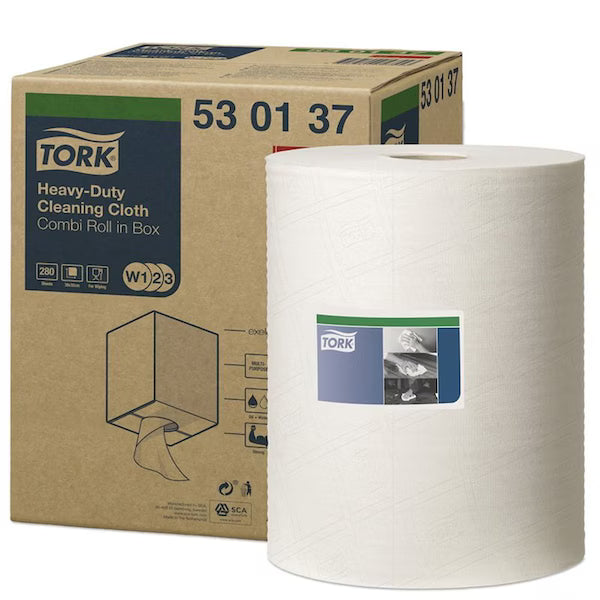 Tork 530137 Heavy Duty Centerfeed Cleaning Cloth, 9.84 in Dia x 349 ft L x 12.59 in W Roll, 280, Spunlace, White