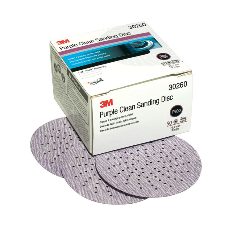 Box of 3M Purple Clean Sanding Discs with a single disc in front on a white background