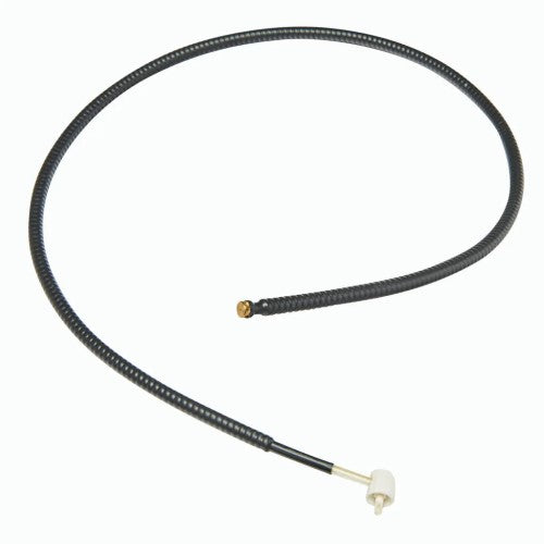 Black flexible hose with brass fitting on a white background