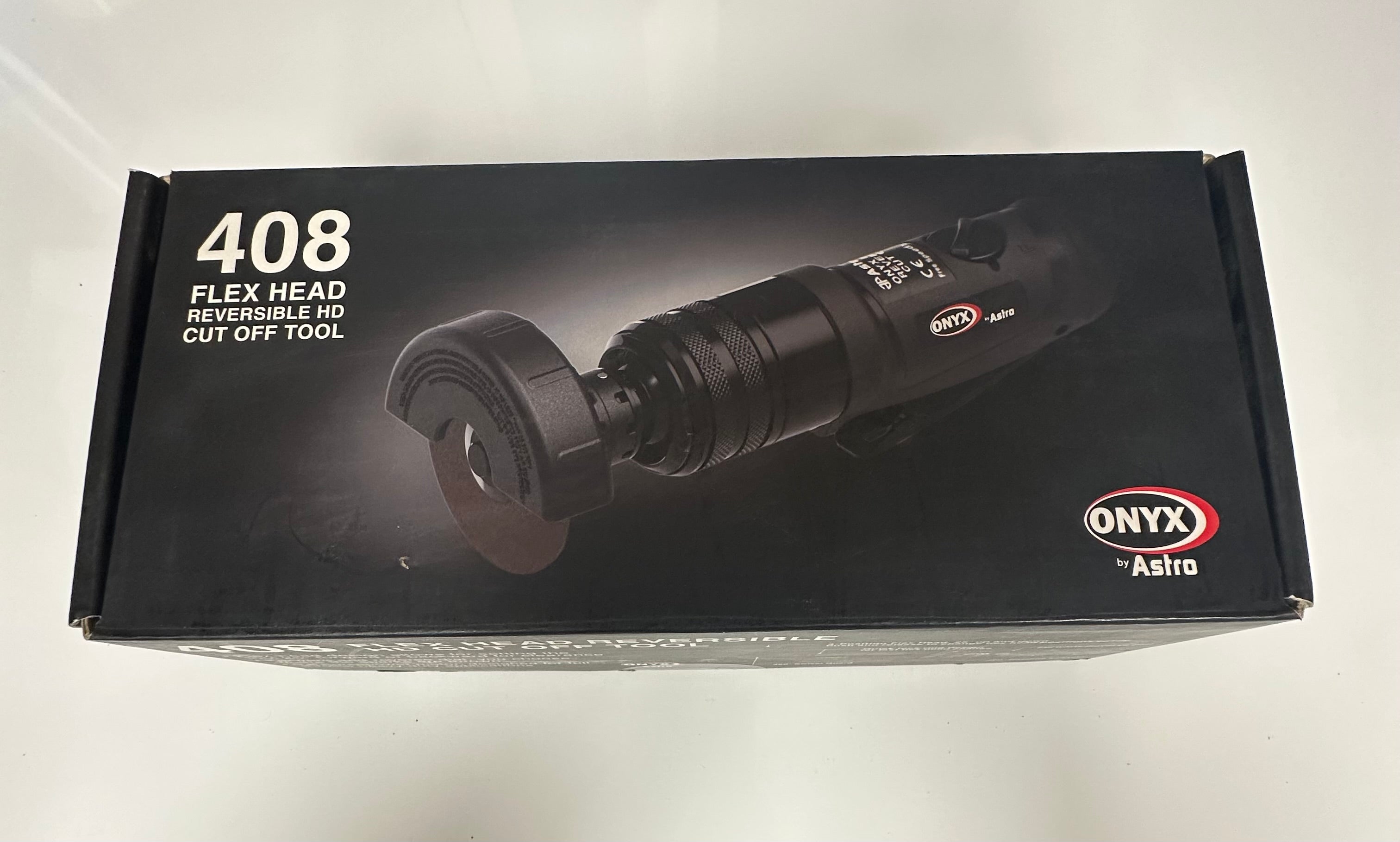 Box of a 408 Flex Head Reversable Cut Off Tool with Onyx Astro branding on a white background
