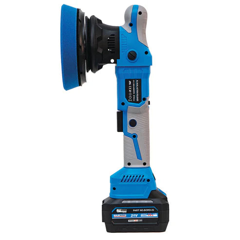 Blue and black power sander on a white background