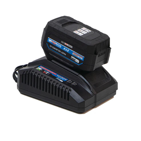 Black battery charger with a black battery on a white background
