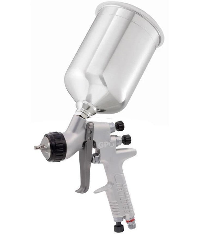 Silver spray gun with a large metal cup on a white background