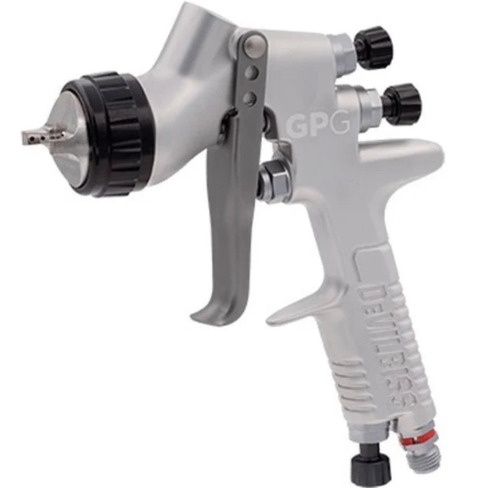 Gray spray gun with black nozzles on a white background