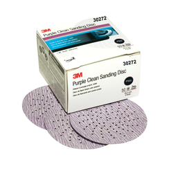 Box of 3M Purple Clean Sanding Discs with discs on a white background