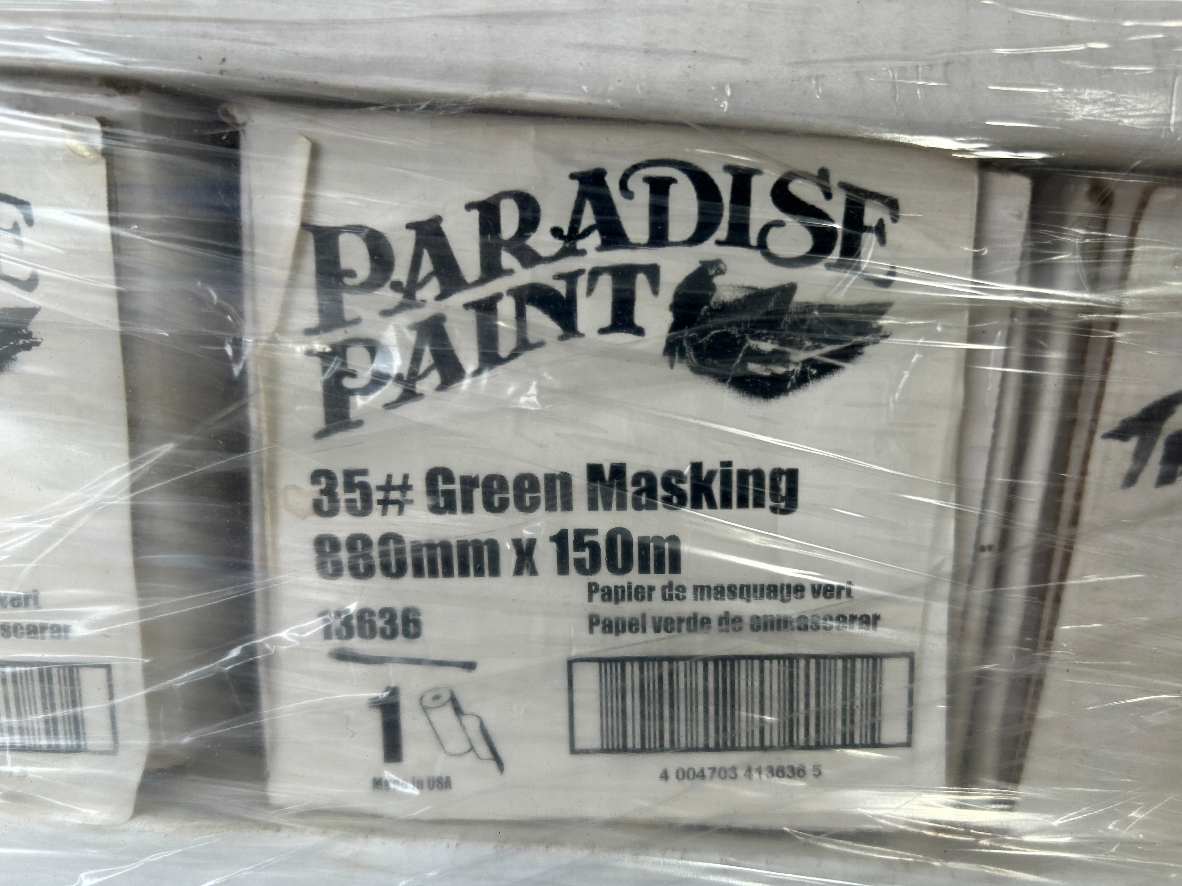 Packaging of Paradise Paint green masking paper with visible branding.