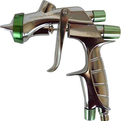 Chrome spray gun with green accents on a white background