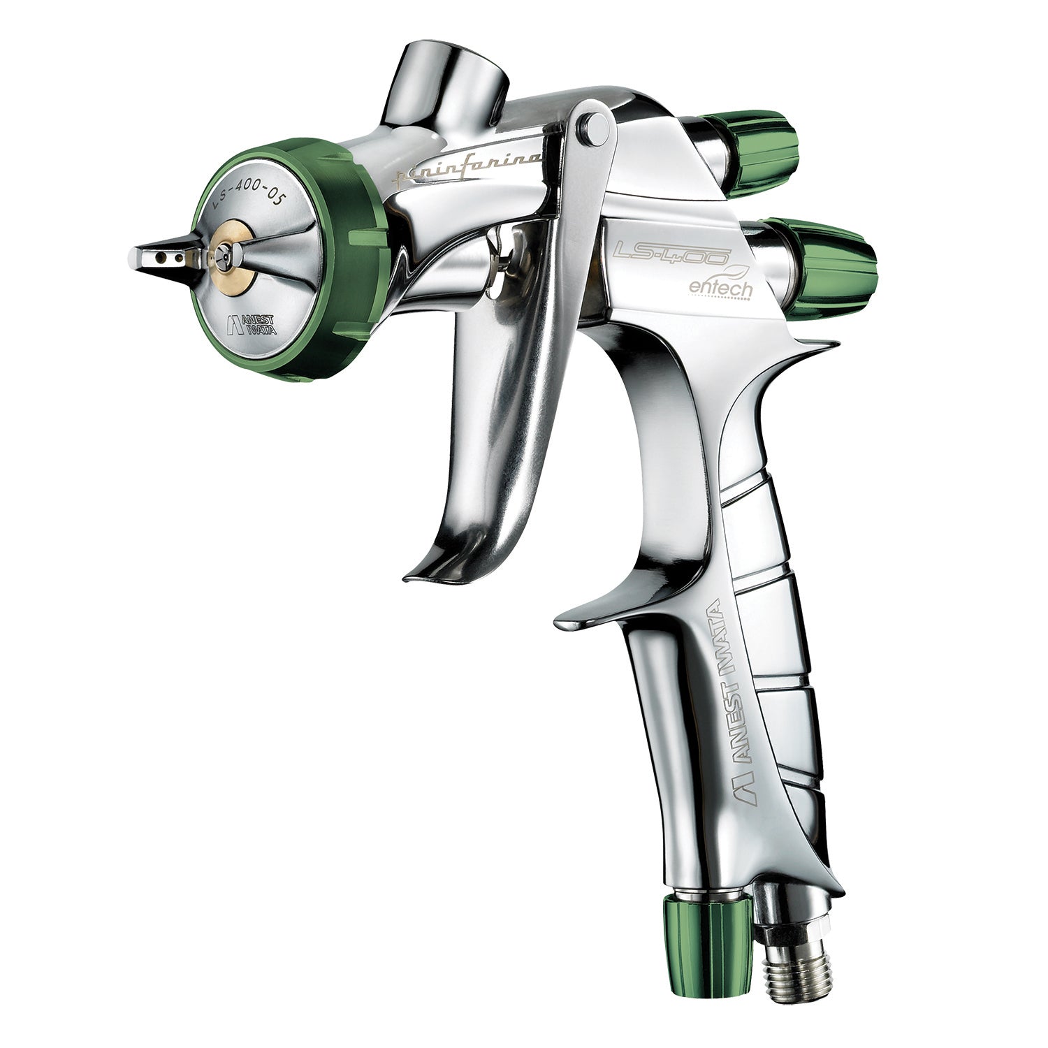Chrome spray gun with green accents on a white background