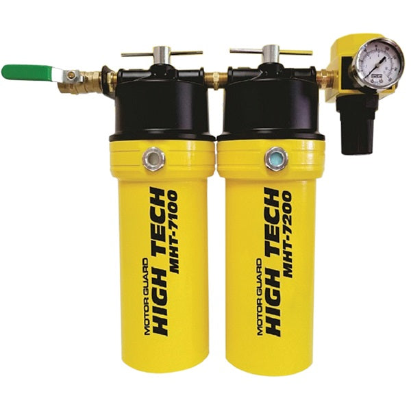 Two yellow high-tech air filters with gauges on a white background