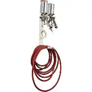 Metallic clamp with coiled red cable on a white background
