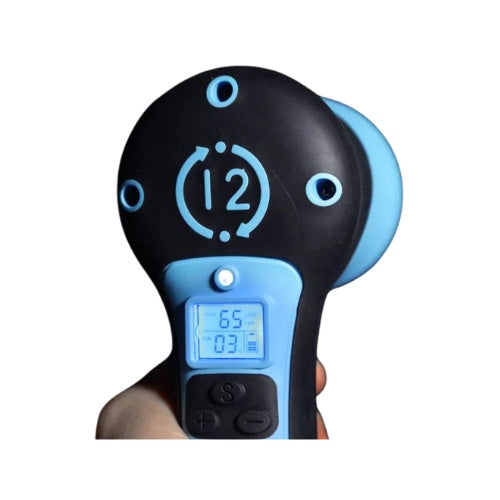 Black and blue device with digital display on a white background