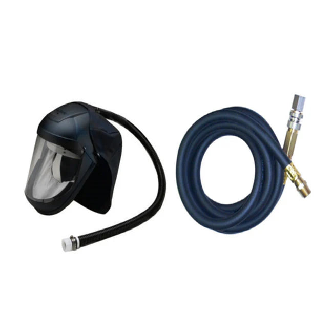 Black face shield with black hose and blue hose with brass fitting on a white background