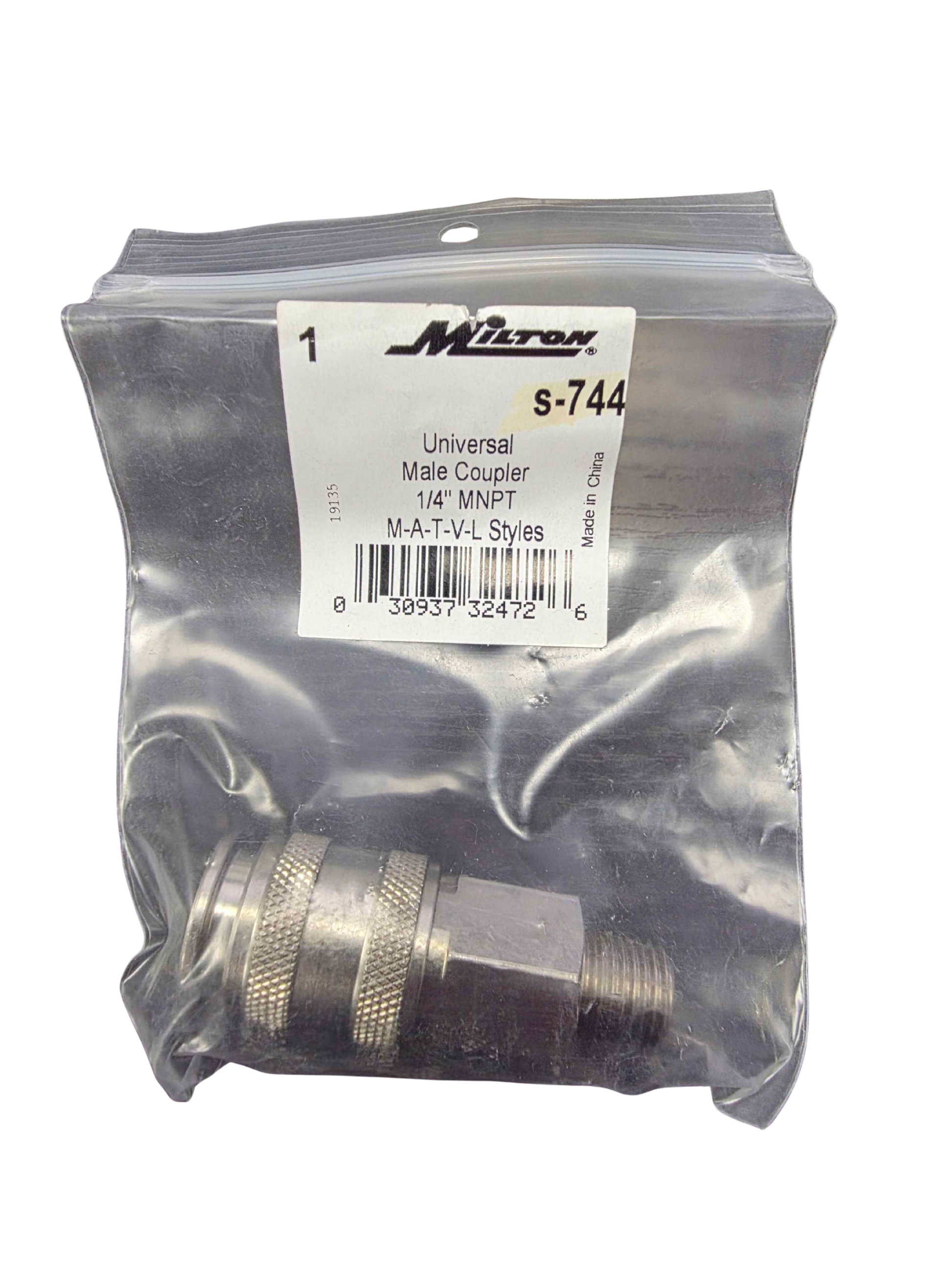 Metallic fitting in a clear plastic bag with a Milenco label on a white background