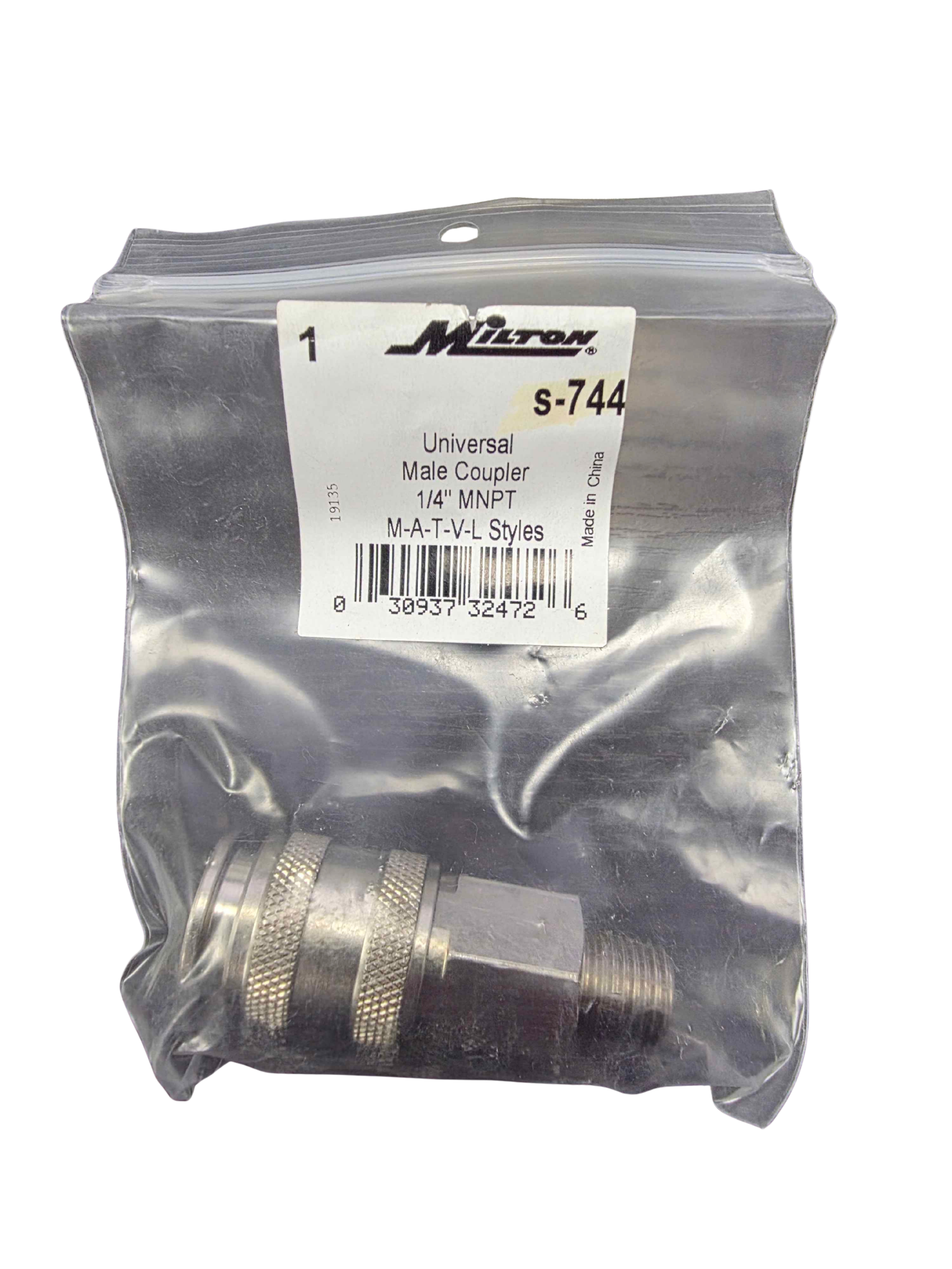Metallic fitting in a clear plastic bag with a Milenco label on a white background