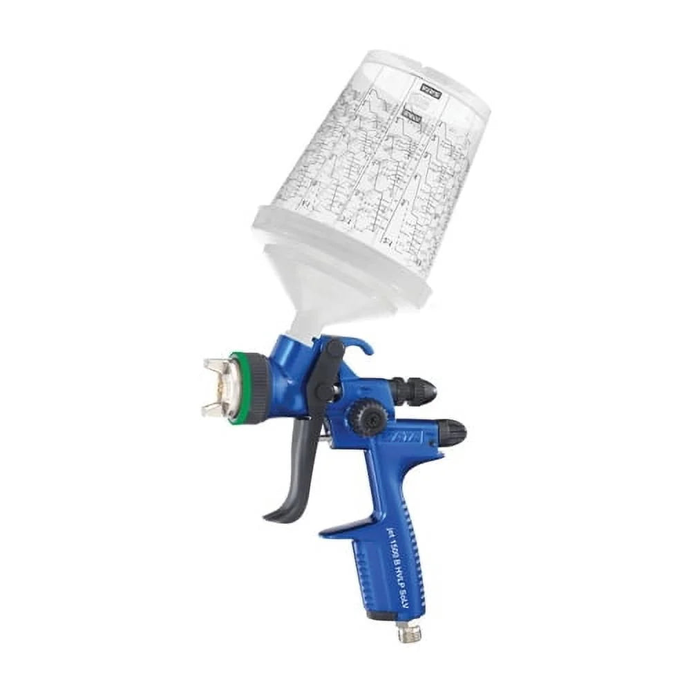 Blue spray gun with a white filter on a white background
