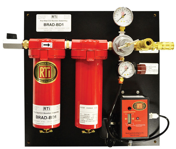 Red RTI filtration system with gauges and connectors on a black background