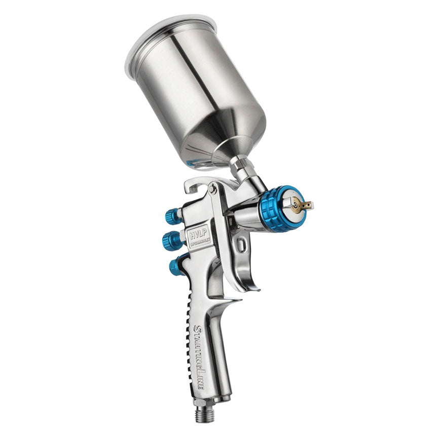 Spray gun with a metallic finish on a white background