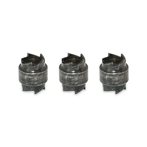 Three metal drill bits on a white background