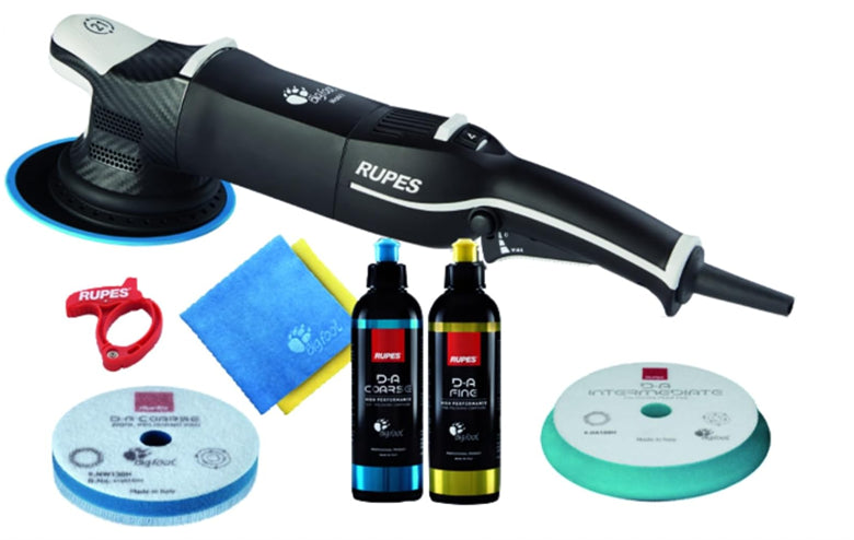 Rupes car polisher with accessories on a white background