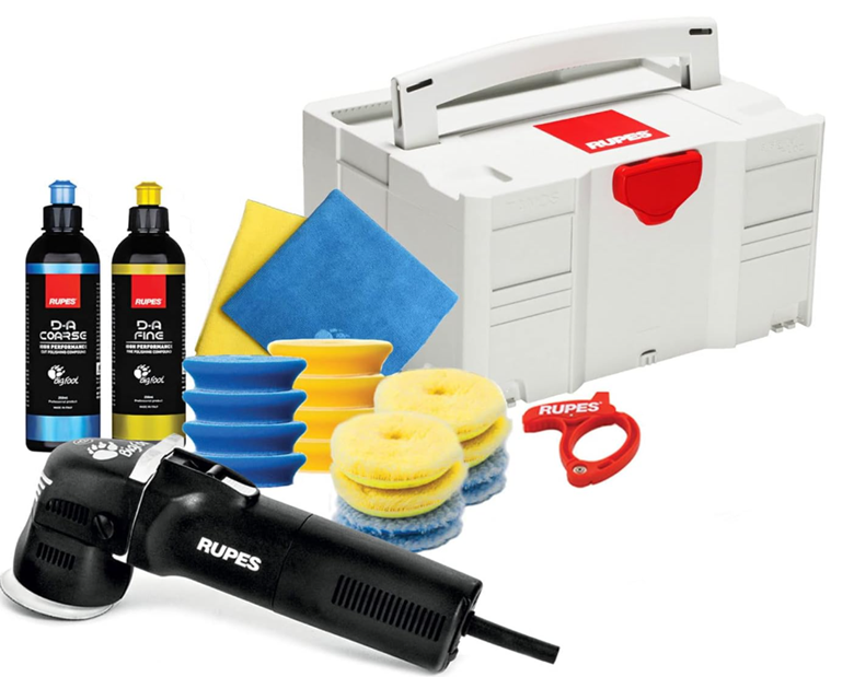 Rupes car care product set including a polisher, bottles, and sponges on a white background