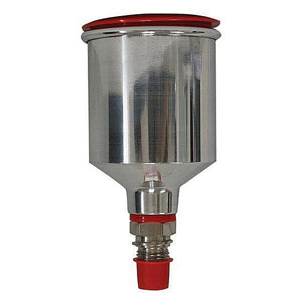 Metallic container with red top and bottom on a white background
