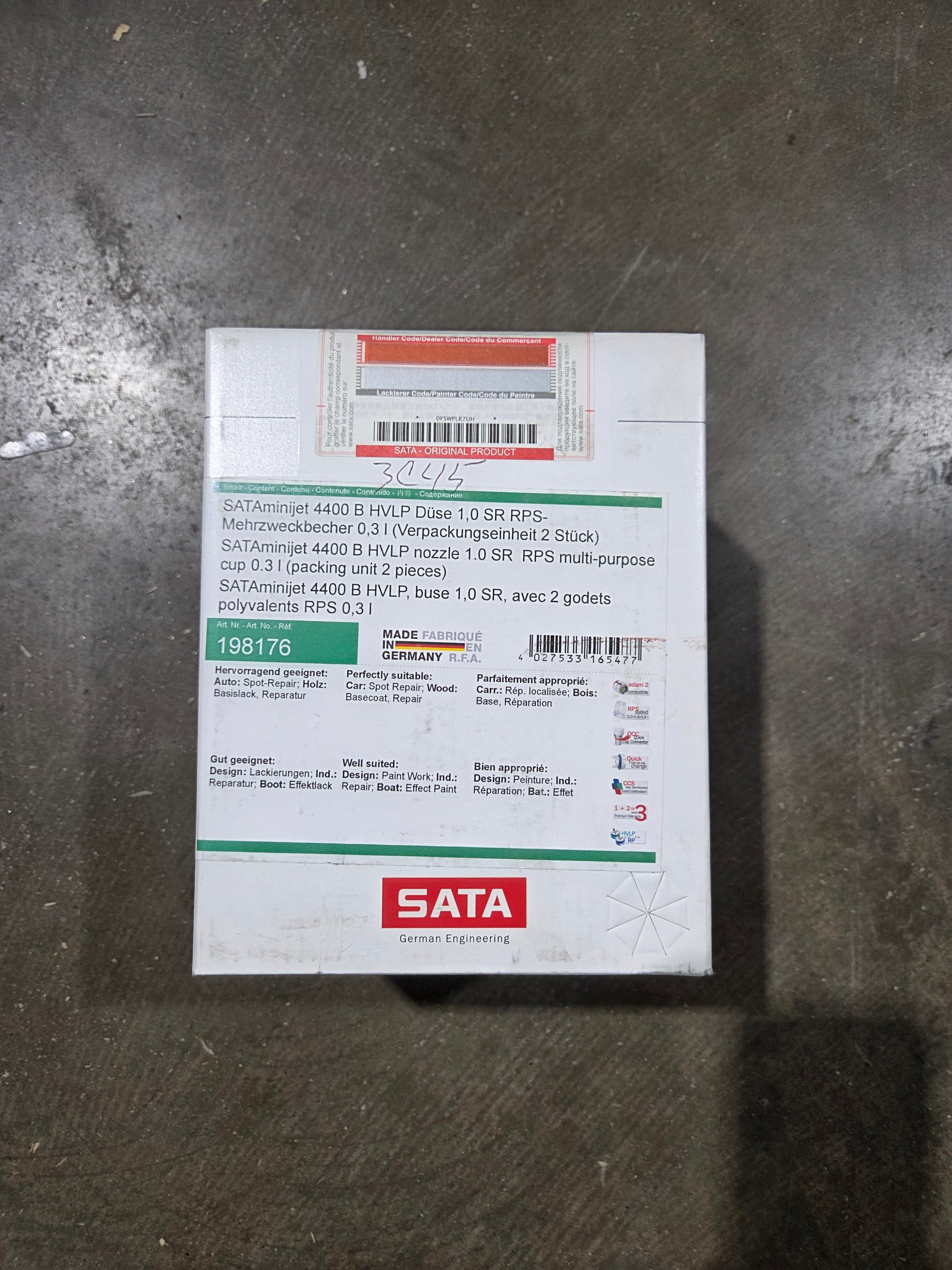 SATA product packaging on a dark surface