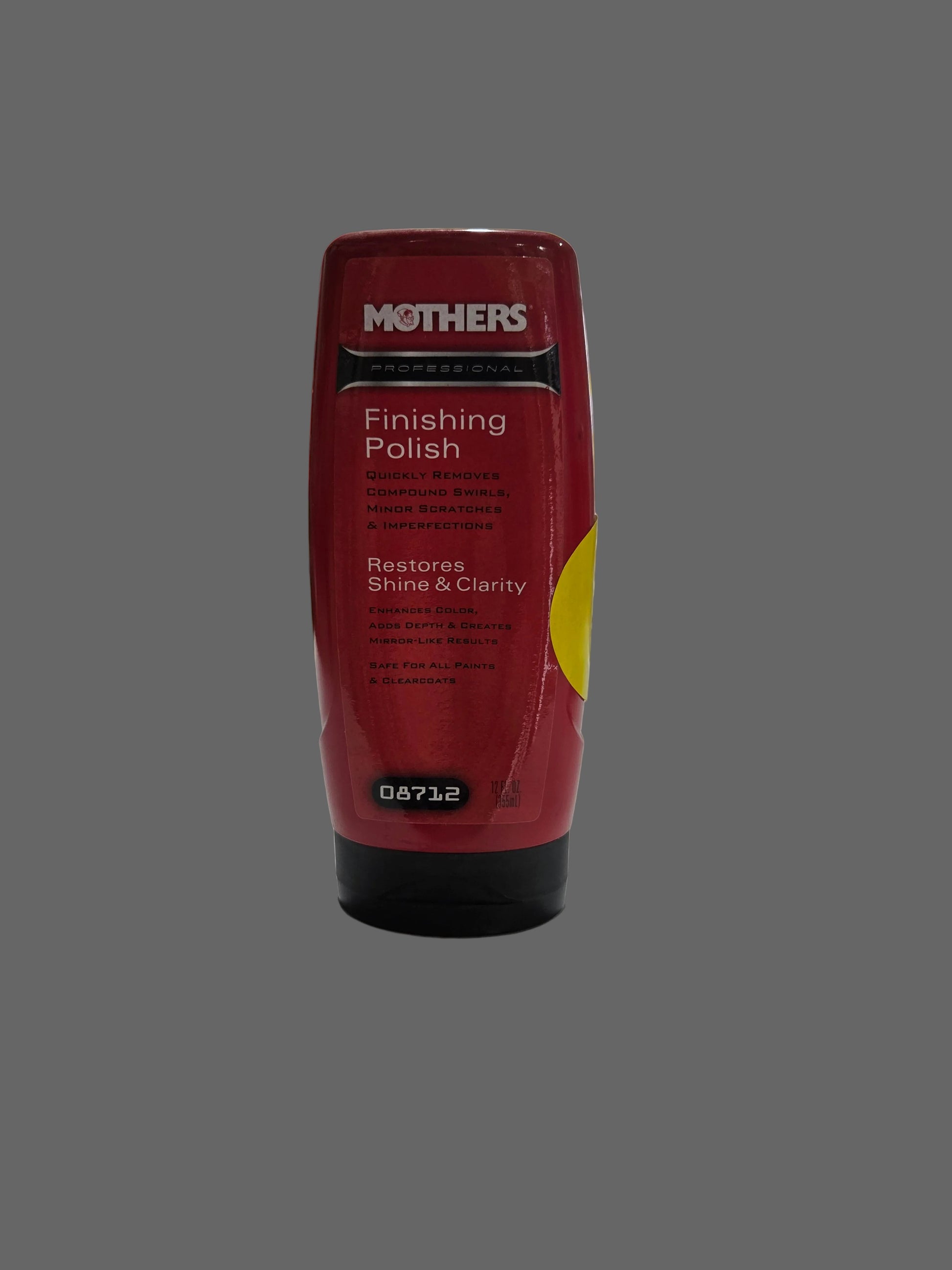 Red bottle of Mothers Finishing Polish on a gray background