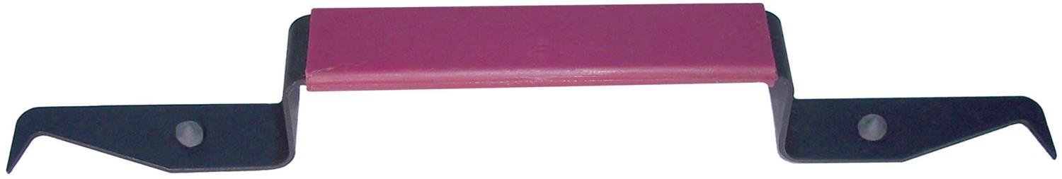 Metal bracket with pink center and black ends on a white background