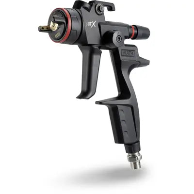 Black spray gun with red accents on a white background