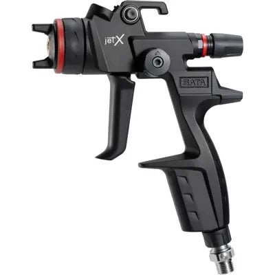 Black spray gun with red accents on a white background